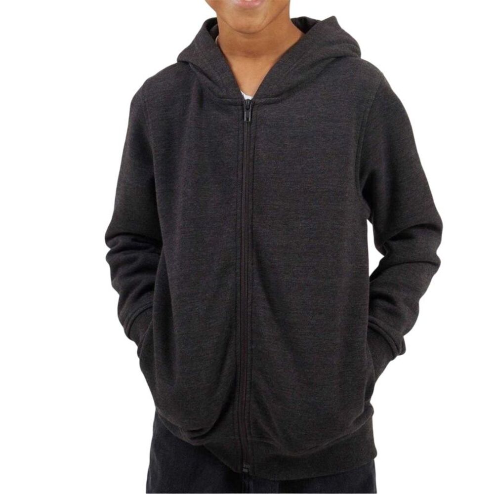Brave Soul Boys Plain Ribbed Cuff Full Zip Hoodie / Dark Charcoal